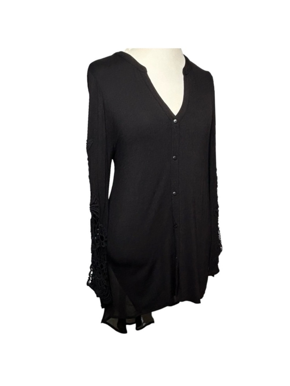 A. MOON Tunic Blouse Black High low Lace sleeves Unique style Stretch Size Large